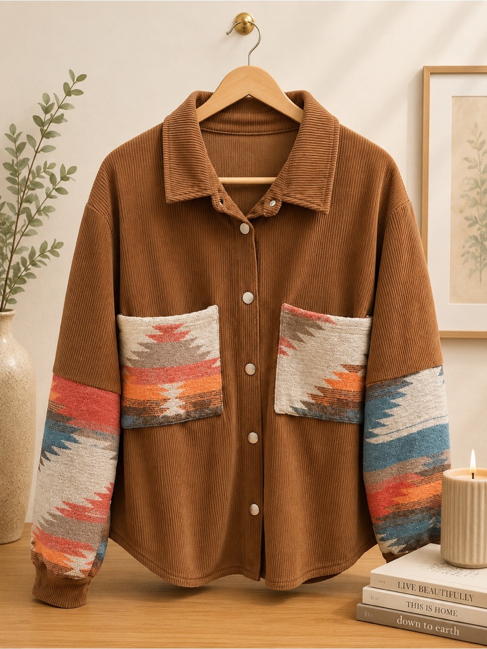 Corduroy Patch Pocket Shacket in Brown with Aztec Print